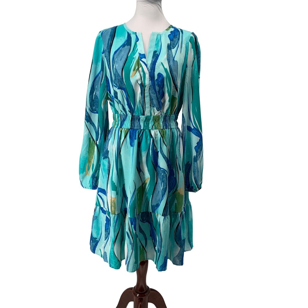 BTFBM sz S Women Turquoise Abstract Watercolor Smocked Waist Tiered Ruffle Dress